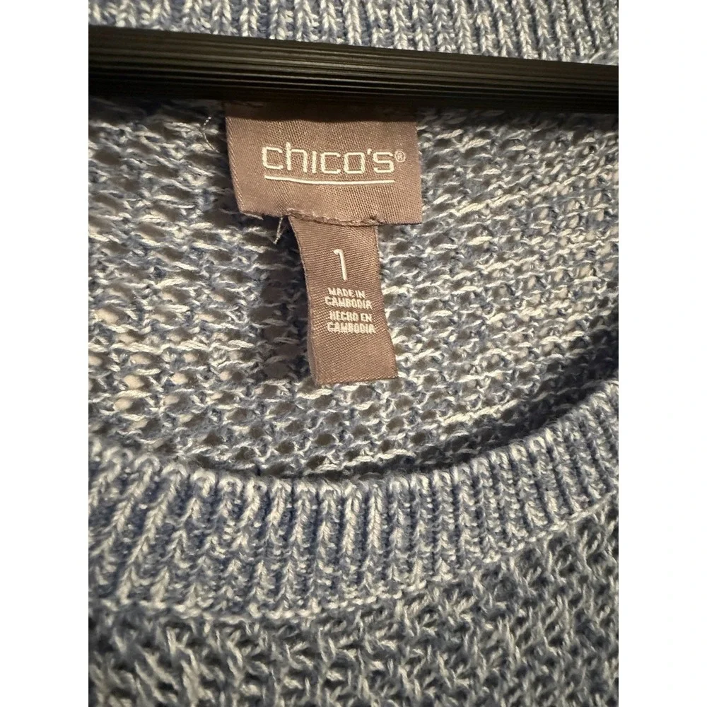 Chico's Women's Blue White Open Knit Short Sleeve Sweater Top Size Medium